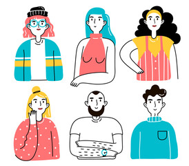 People portraits set. Illustration of men and women, male and female avatars. Vector design of different characters.