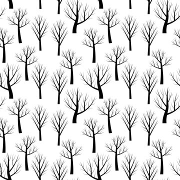 Naked trees seamless pattern. Black silhouettes on white background. Vector illustration.