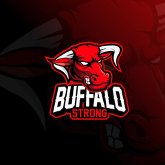 Buffalo mascot esport logo design on red background. Angry bull illustration concept style for badge, emblem and tshirt printing.