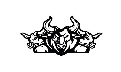 Angry Bull head icon silhouette black lined design template on white background. Wild buffalo tattoo line art drawing illustration.