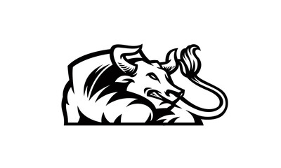 Angry Bull silhouette icon black lined design template on white background. Buffalo tattoo line art drawing illustration.