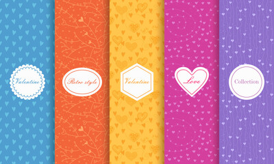 Set of Cute bright seamless patterns with hearts. Vector illustration bright design. Abstract seamless hand drawn patterns on vibrant background. - 355935087