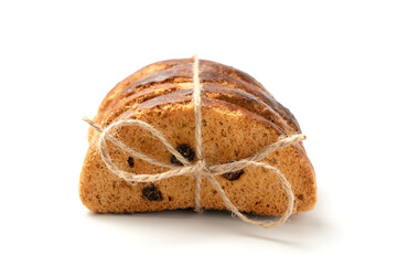 Sweet rusks with raisins sprinkled with sugar on a white background. Isolated image, a concept for your design.