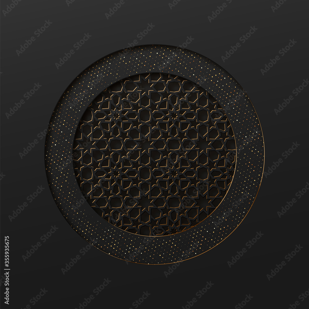 Poster black and gold background with geometric texture tunnel style cut out paper embossing pattern.