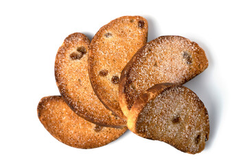 Sweet rusks with raisins sprinkled with sugar on a white background. Isolated image, a concept for your design.