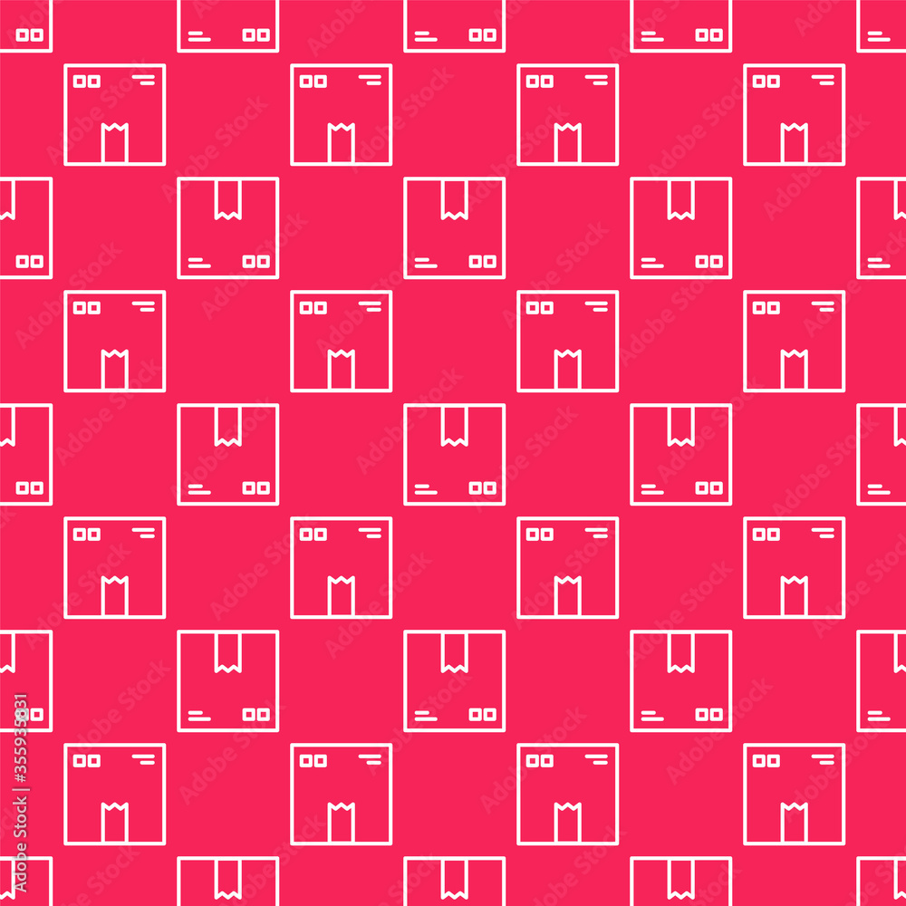 Poster white line cardboard box with traffic symbol icon isolated seamless pattern on red background. box, 