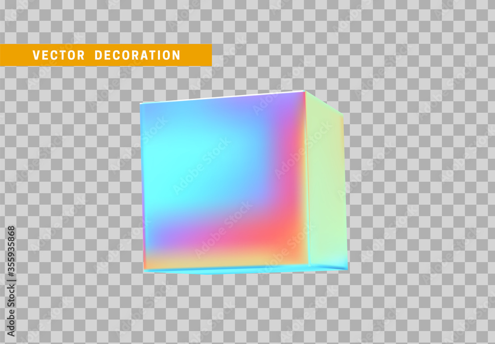 Poster cube is three-dimensional geometric shape isolated with colorful hologram chameleon color gradient. 