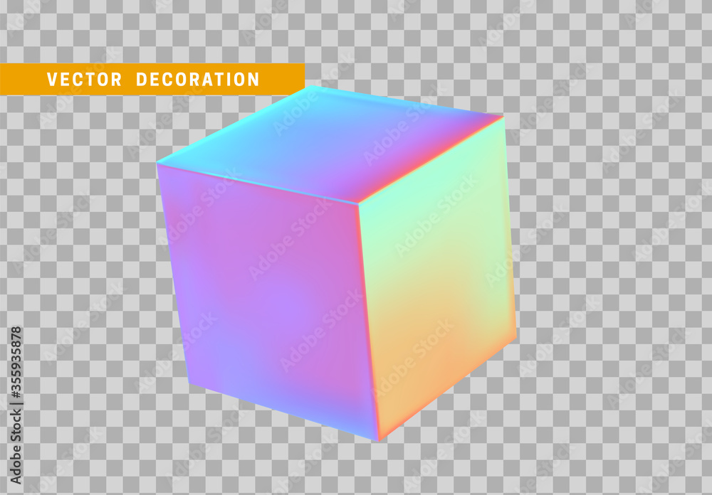 Poster cube is three-dimensional geometric shape isolated with colorful hologram chameleon color gradient. 