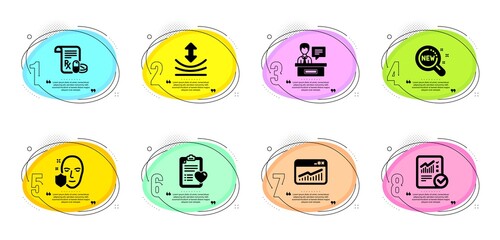 Resilience, Website statistics and Face protection signs. Timeline infographic. New products, Patient history and Medical prescription line icons set. Exhibitors, Checked calculation symbols. Vector