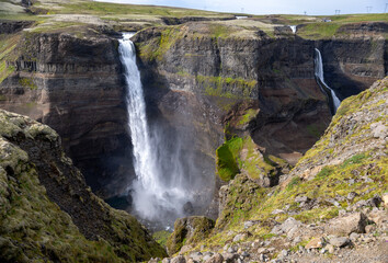 View of the landscape of the Haifoss waterfall in Iceland.