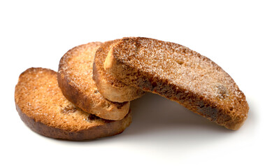 Sweet rusks with raisins sprinkled with sugar on a white background. Isolated image, a concept for your design.