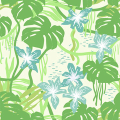 Vector seamless pattern with tropical leaves and flowers. Trendy style.