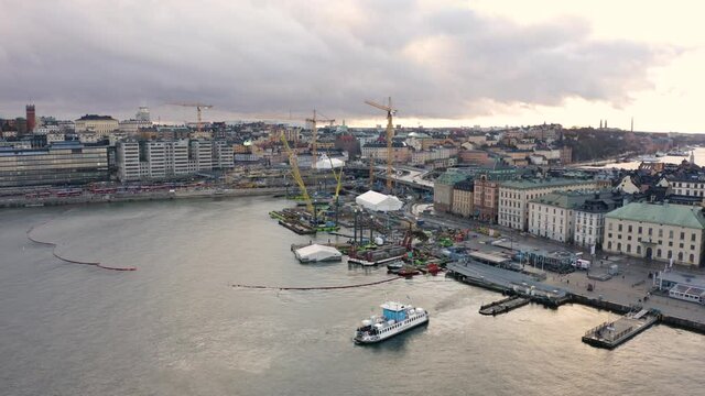 Aerial shot of reconstruction taking place in old city of Stockholm near Karl Johans square, Gamla Stan Island
