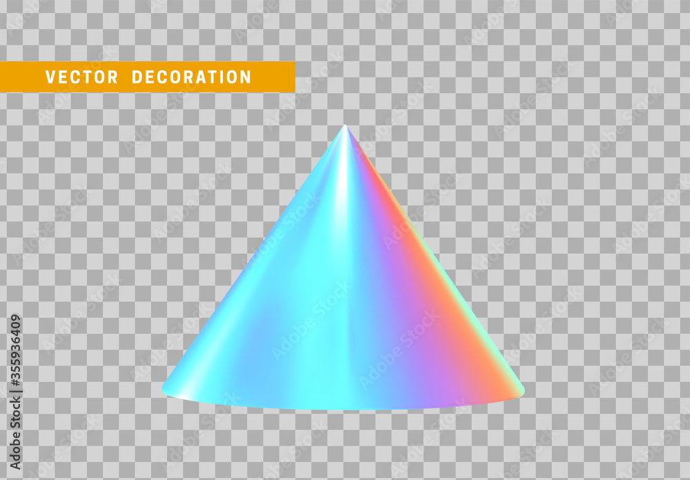 Poster cone is three-dimensional geometric shape isolated with colorful hologram chameleon color gradient. 