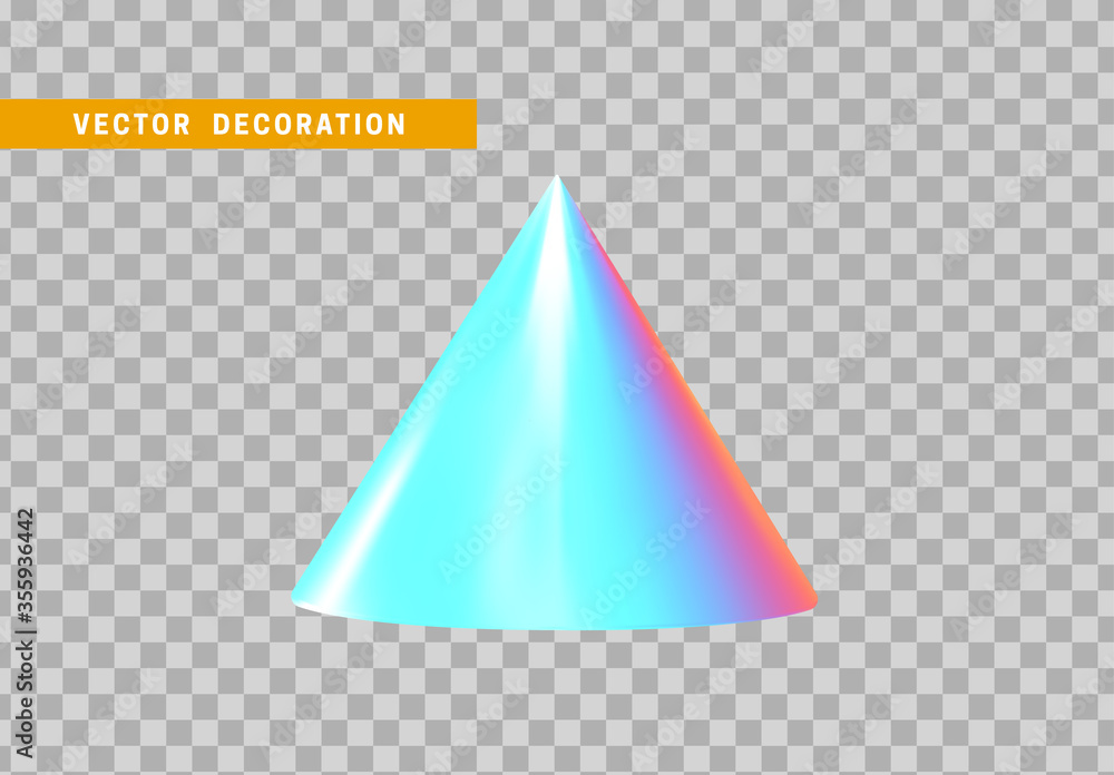 Poster cone is three-dimensional geometric shape isolated with colorful hologram chameleon color gradient. 