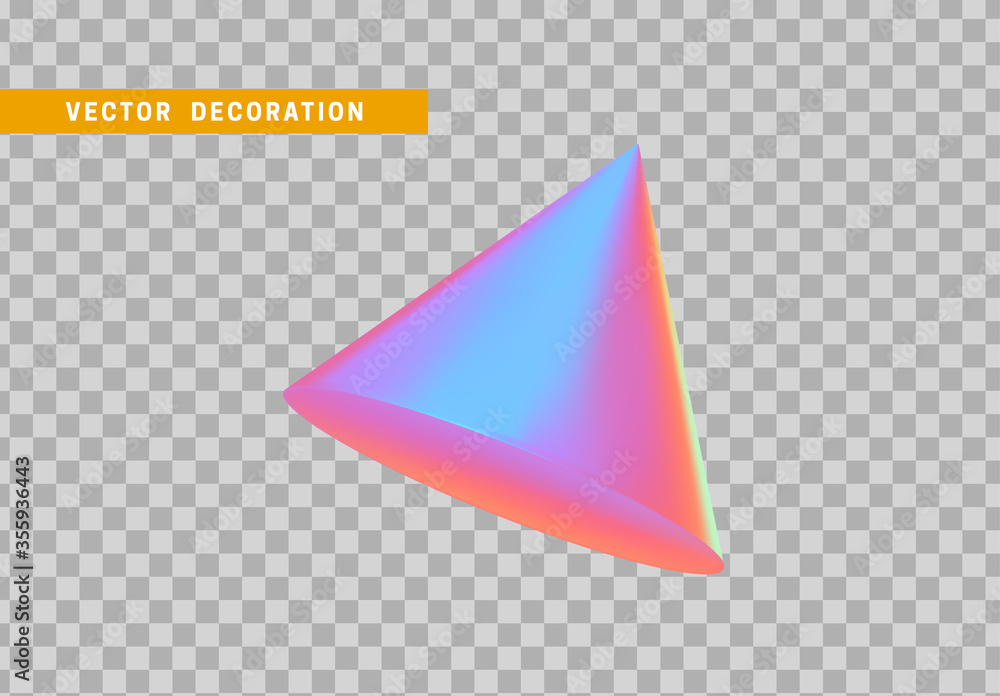 Poster cone is three-dimensional geometric shape isolated with colorful hologram chameleon color gradient. 