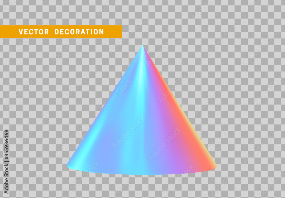 Poster cone is three-dimensional geometric shape isolated with colorful hologram chameleon color gradient. 