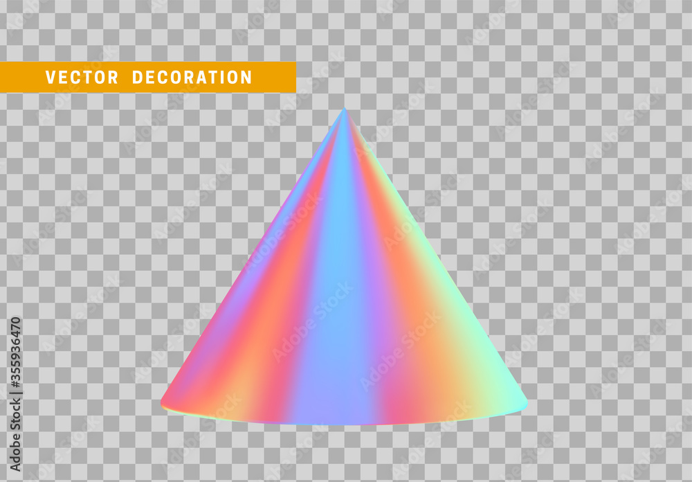Poster cone is three-dimensional geometric shape isolated with colorful hologram chameleon color gradient. 