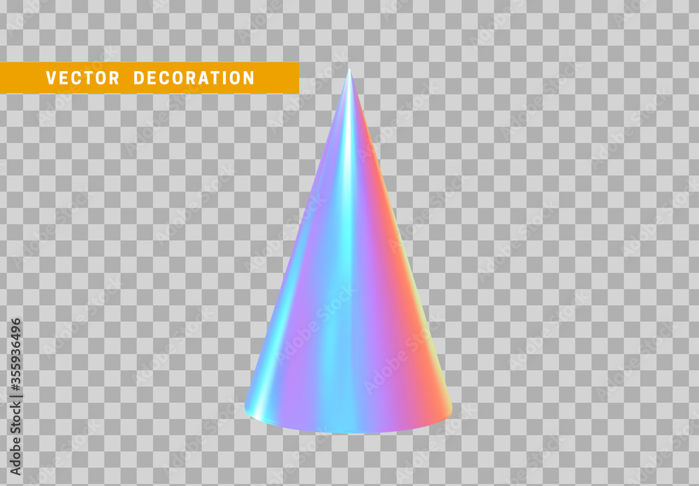 Poster cone is three-dimensional geometric shape isolated with colorful hologram chameleon color gradient. 