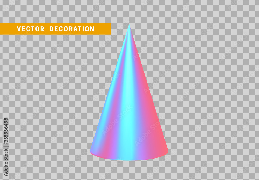 Poster cone is three-dimensional geometric shape isolated with colorful hologram chameleon color gradient. 