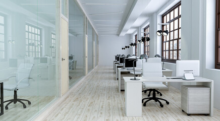 Fototapeta na wymiar Front view of the office interior with large windows and a row of light wood tables. 3d rendering
