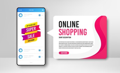 Phone banner template. Super sale badge. Discount banner shape. Coupon tag icon. Social media banner with smartphone screen. Online shopping web template. Super sale promotion badge. Vector