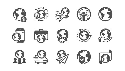 World business icons set. Translate language, Global law, Outsource business. International organization, financial transactions, world map icons. Delivery service, global outsource. Vector