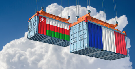 Shipping containers with Oman and France flag. 3D Rendering 