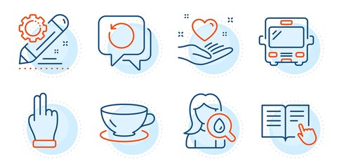 Bus, Moisturizing cream and Recovery data signs. Click hand, Project edit and Espresso line icons set. Read instruction, Hold heart symbols. Direction finger, Settings. Business set. Vector