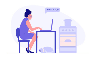 Fototapeta na wymiar Woman find a job with laptop, cat, oven at home. Flat vector illustration, design job loss concept. Template for website, landing page
