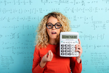 Accountant girl has some problems with the sums. Cyan background