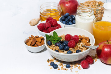 healthy breakfast. granola, fresh berries and fruits on white background