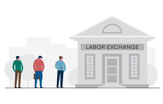 Financial crisis and unemployment, workers standing in line to labor exchange building. Vector flat  illustration,  design job loss and  work searches concept. Template for website, landing page