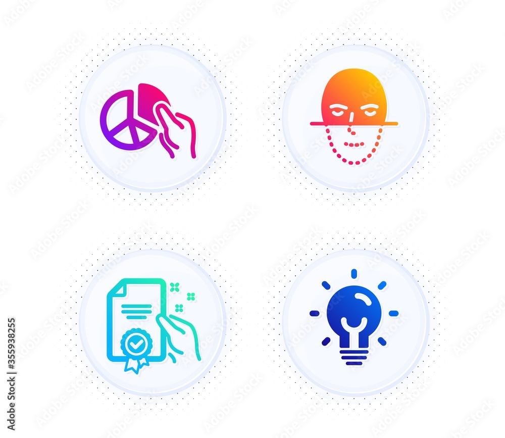 Poster pie chart, face recognition and certificate icons simple set. button with halftone dots. energy sign