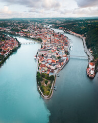 Aerial drone Shot of the Cityscape of Passau, Germany with Donau, Ilz and Inn Rivers colliding with...