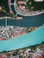 Aerial top down drone Shot of the Cityscape of Passau, Germany with Donau, Ilz and Inn Rivers...