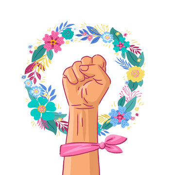 Floral Symbol of Feminism Movement. White Woman Hand with her fist raised up. Wreaht of Flowers. Girl Power Sign on Purple Background. Stock Vector Illustration