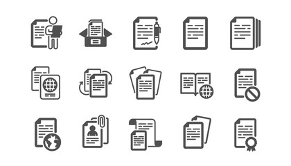 Documents icons set. Passport, Copy files, Contract agreement. CV interview, documents workflow, attachment clip icons. Change files, wrong document, bureaucracy and contract signature. Vector