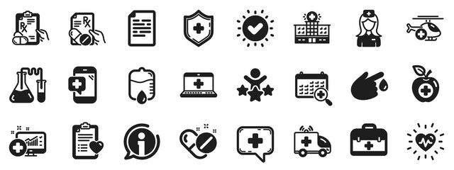 Hospital assistance, Ambulance, Health food diet, Laboratory tubes icons. Medical rx icons. First aid kit, Medical doctor, Prescription Rx recipe. Drop counter, Ambulance emergency car. Vector