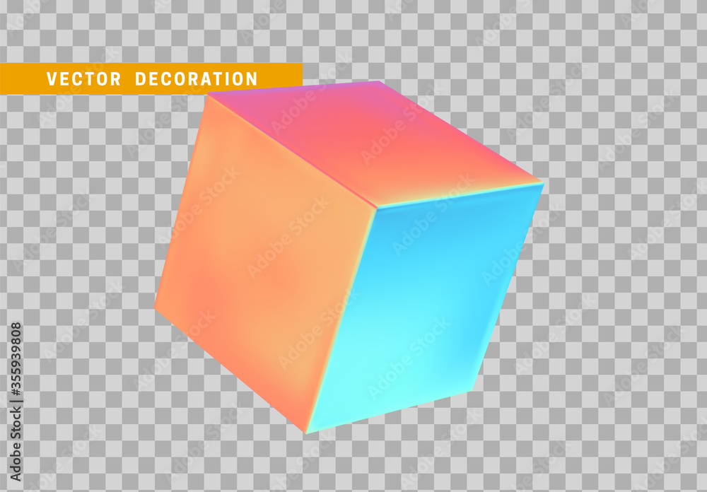 Poster cube is three-dimensional geometric shape isolated with colorful hologram chameleon color gradient. 