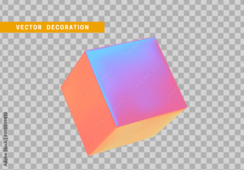 Poster cube is three-dimensional geometric shape isolated with colorful hologram chameleon color gradient. 