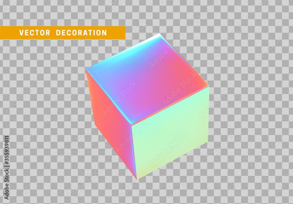Poster cube is three-dimensional geometric shape isolated with colorful hologram chameleon color gradient. 
