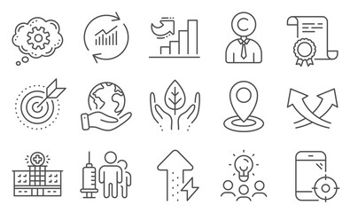 Set of Science icons, such as Copyrighter, Energy growing. Diploma, ideas, save planet. Hospital building, Seo phone, Target purpose. Cogwheel, Location, Update data. Vector