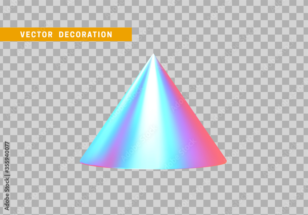 Poster cone is three-dimensional geometric shape isolated with colorful hologram chameleon color gradient. 