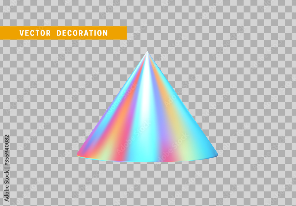 Poster cone is three-dimensional geometric shape isolated with colorful hologram chameleon color gradient. 