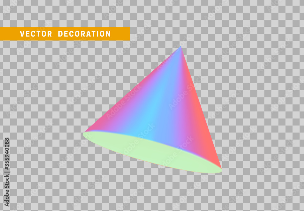 Poster cone is three-dimensional geometric shape isolated with colorful hologram chameleon color gradient. 