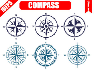 Compass marine orientation navigational instrument icon flat set isolated vector illustration