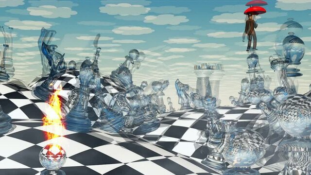 Surreal chess landscape and hovering man with red umbrella
