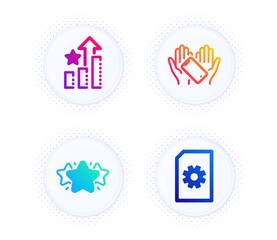Star, Ranking stars and Smartphone holding icons simple set. Button with halftone dots. File management sign. Favorite, Winner results, Phone. Doc with cogwheel. Technology set. Vector