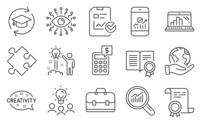Set of Education icons, such as Graph laptop, Data analysis. Diploma, ideas, save planet. Smartphone statistics, Artificial intelligence, Creativity. Portfolio, Calculator, Strategy. Vector